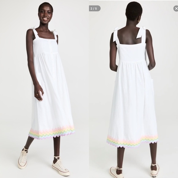 Juliet Dunn Dress Ric-Rac Tie Shoulder Midi Summer White Pastel Rainbow 2 EUC - Picture 1 of 10